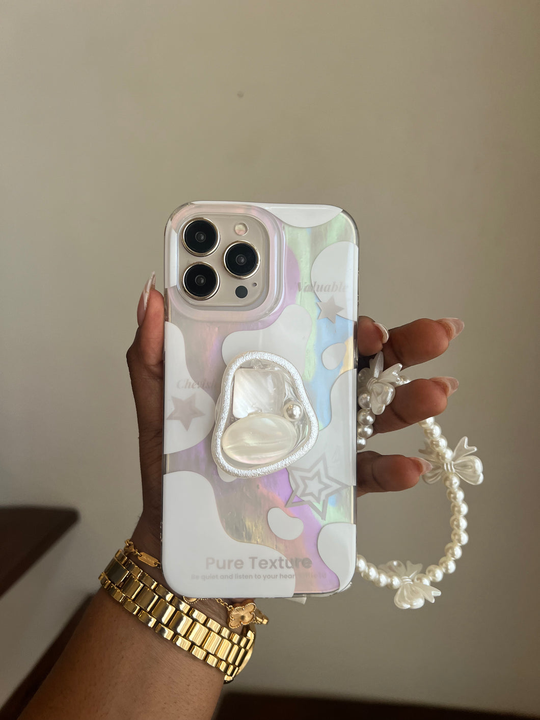 Holographic translucent popsocket case (can be bought with or without the charm holder) it’ll
