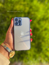 Load image into Gallery viewer, Navy blue transparent case with full  camera guard ( there’s a temper glass covering on the lens)
