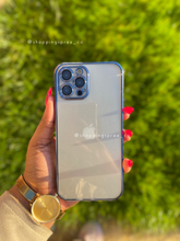 Load image into Gallery viewer, Navy blue transparent case with full  camera guard ( there’s a temper glass covering on the lens)
