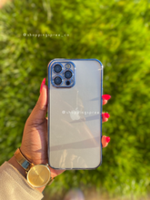 Load image into Gallery viewer, Navy blue transparent case with full  camera guard ( there’s a temper glass covering on the lens)
