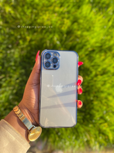 Load image into Gallery viewer, Navy blue transparent case with full  camera guard ( there’s a temper glass covering on the lens)
