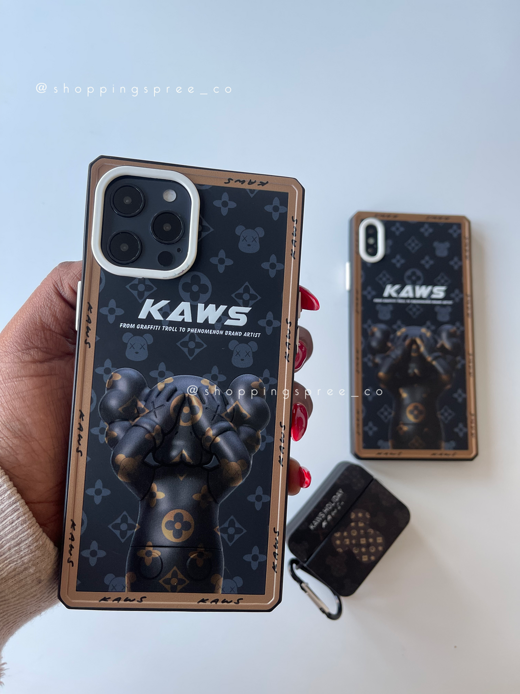 Luxury rectangular kaws case with matching airpod cases